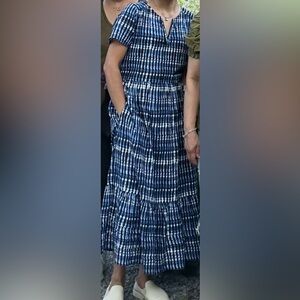 J. Crew Blue and White Women's Maxi dress with pockets size 2